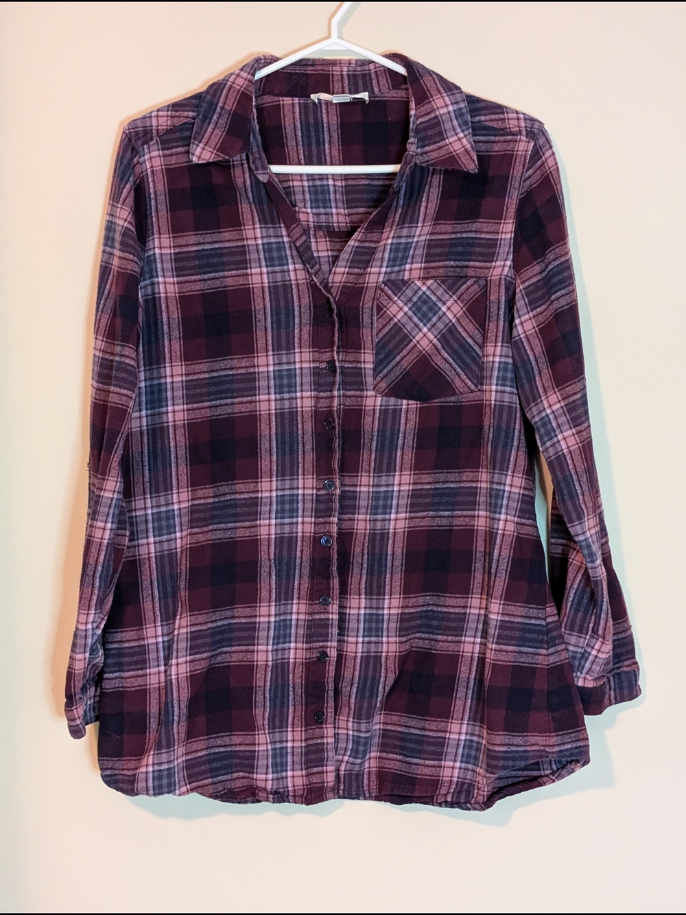 Warehouse One, Burgundy and Pink Plaid Flannel Shirt, Size Large